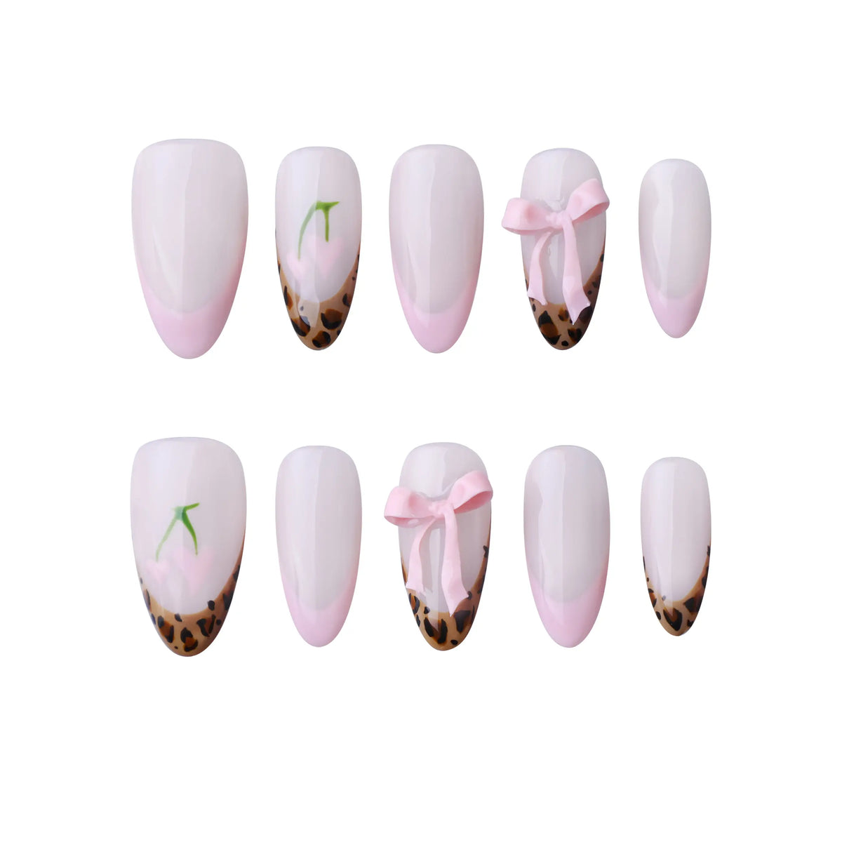 Elegant pink almond press on nails with bows and animal print design.