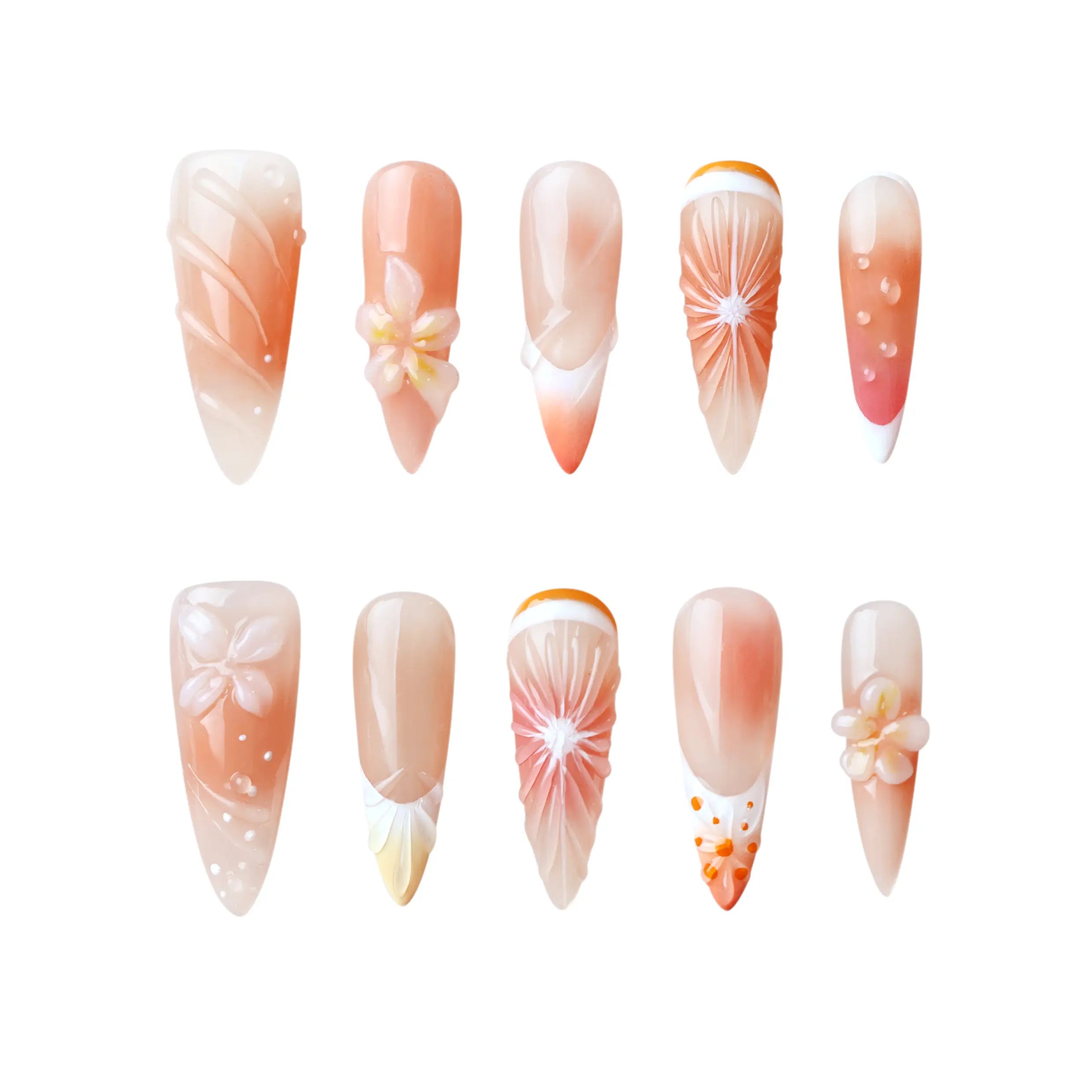 Almond-shaped pink press on nails featuring pink floral accents and summer tones.