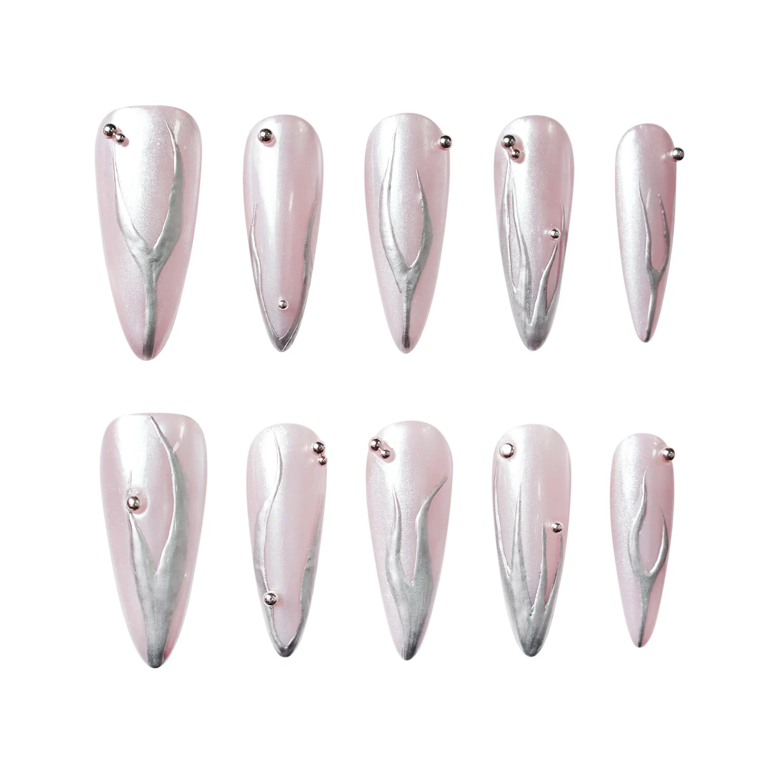 Pink and silver chrome stiletto press on nails with a minimalist futuristic look.