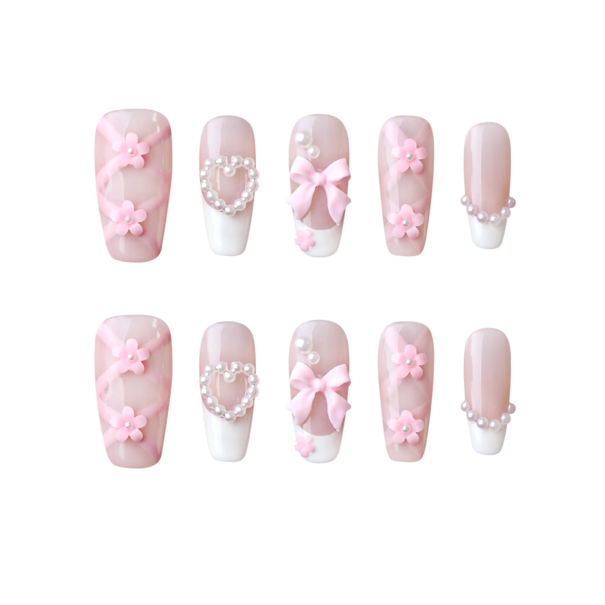 Pink coffin press on nails featuring 3D floral accents and pearl embellishments.