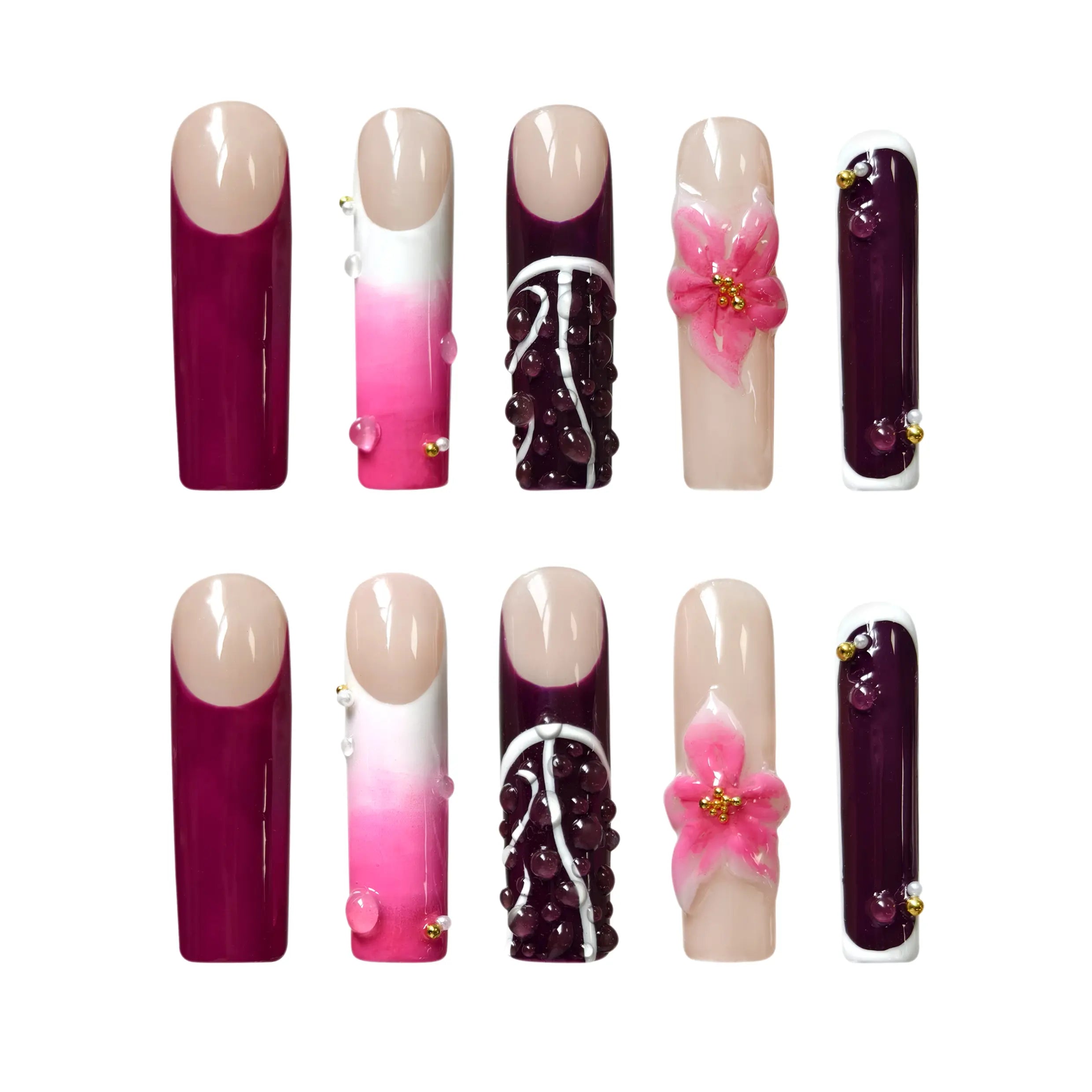 Coffin press on nails with plum base and pink flower design, ideal for weddings or date nights.