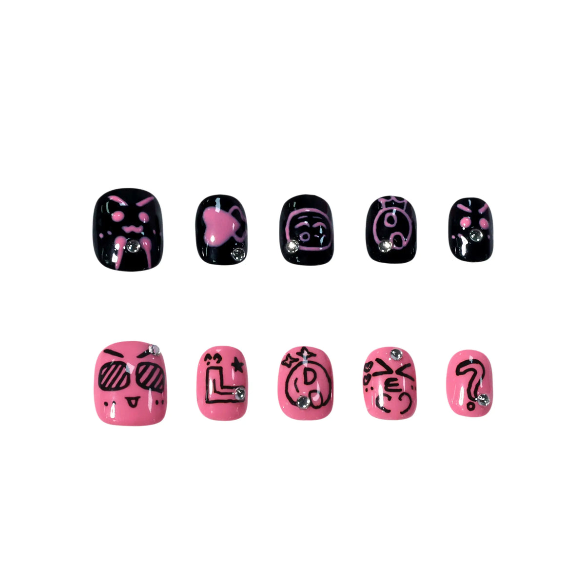 Short squoval pink and black press on nails with emoji graphics and rhinestones, bold Gen Z design.