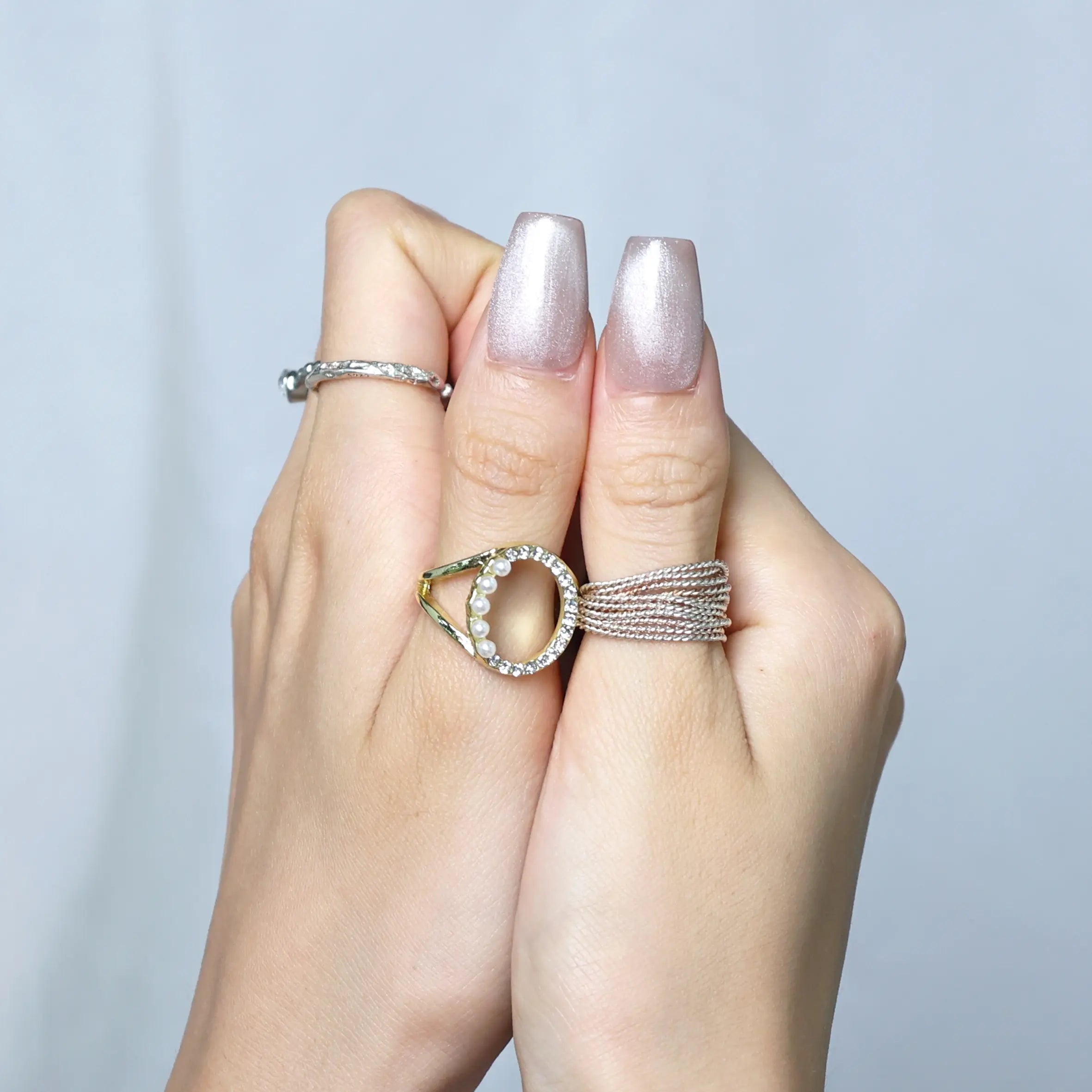Lifestyle photo of blush polka-dot press-ons