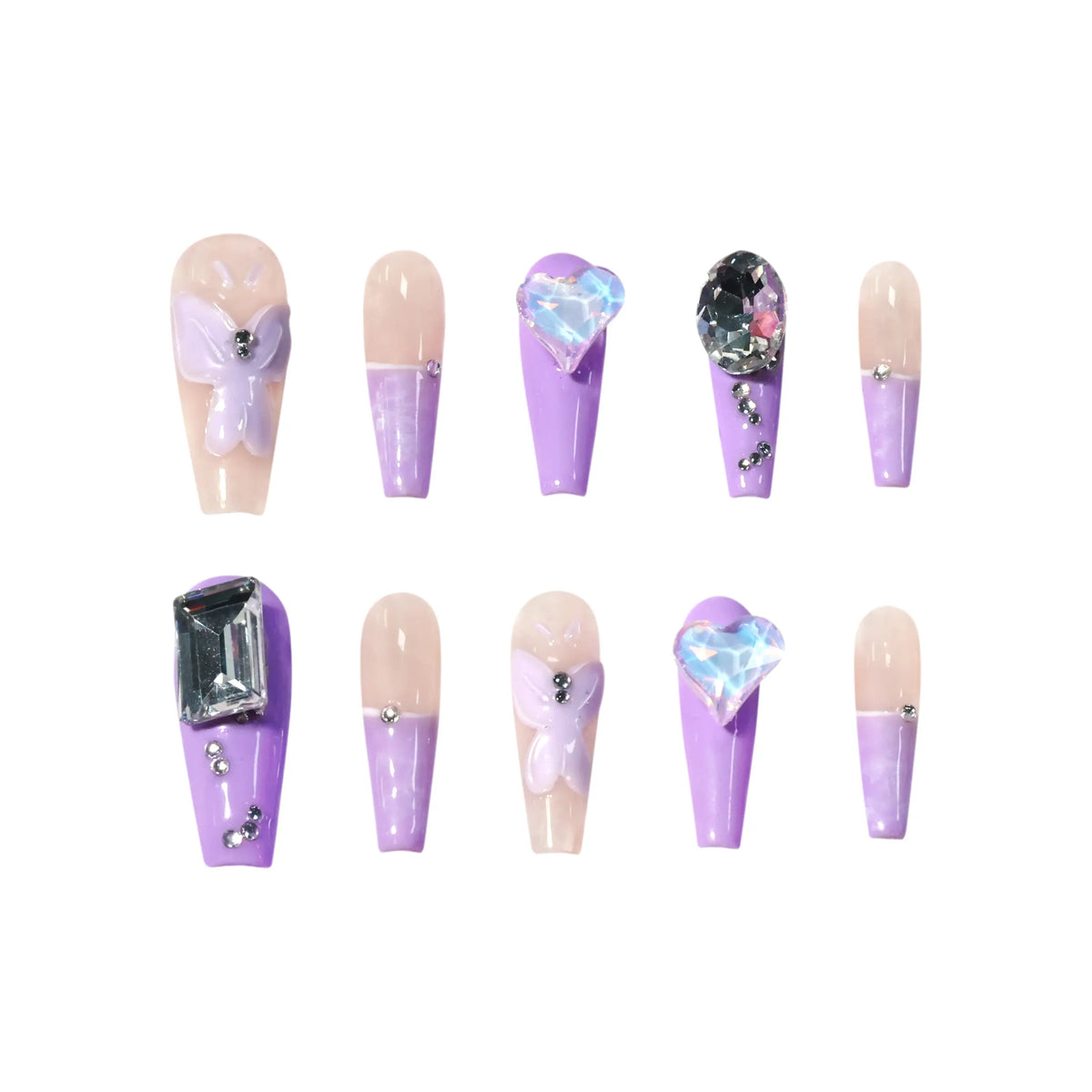 Purple Passion long coffin press-on nails featuring a glossy nude and lavender purple color block design with 3D butterfly accents, heart-shaped gems, and rhinestones