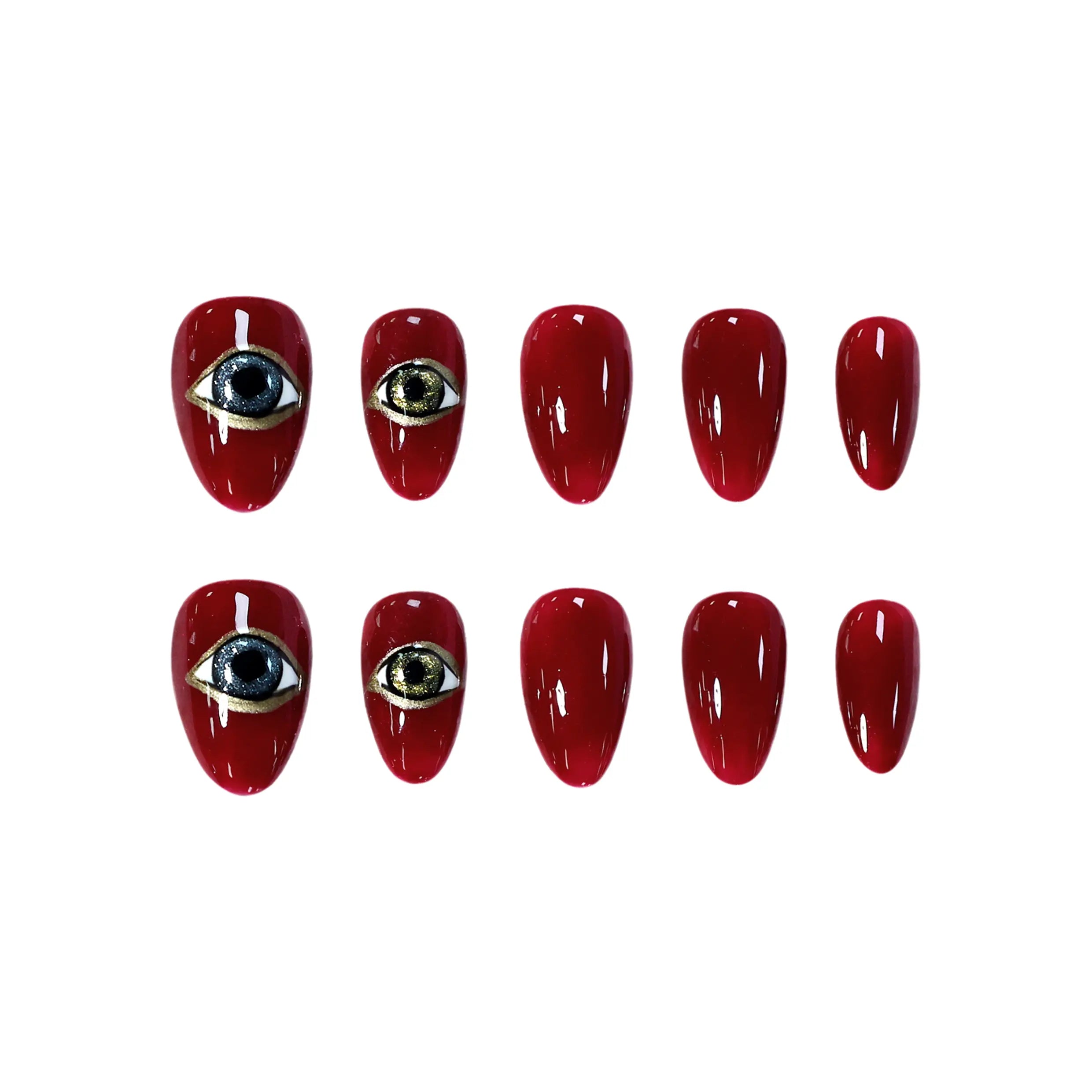 Short almond red press-on nails with glossy crimson finish, gold and black eye design for a mystical, bold aesthetic.