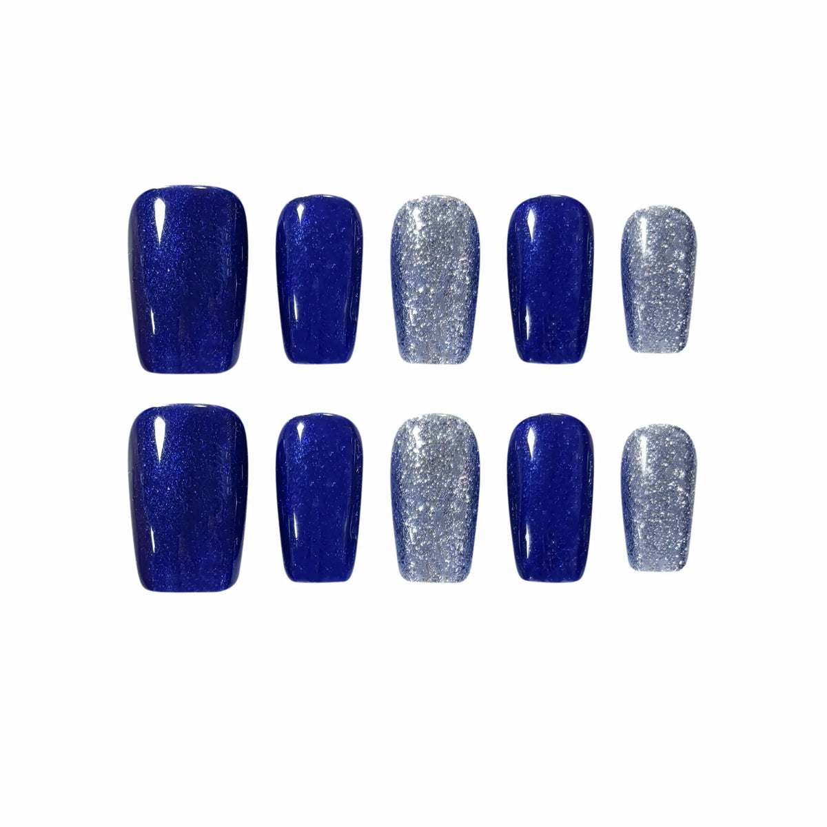 Medium squoval blue press on nails with royal blue base and silver glitter accents