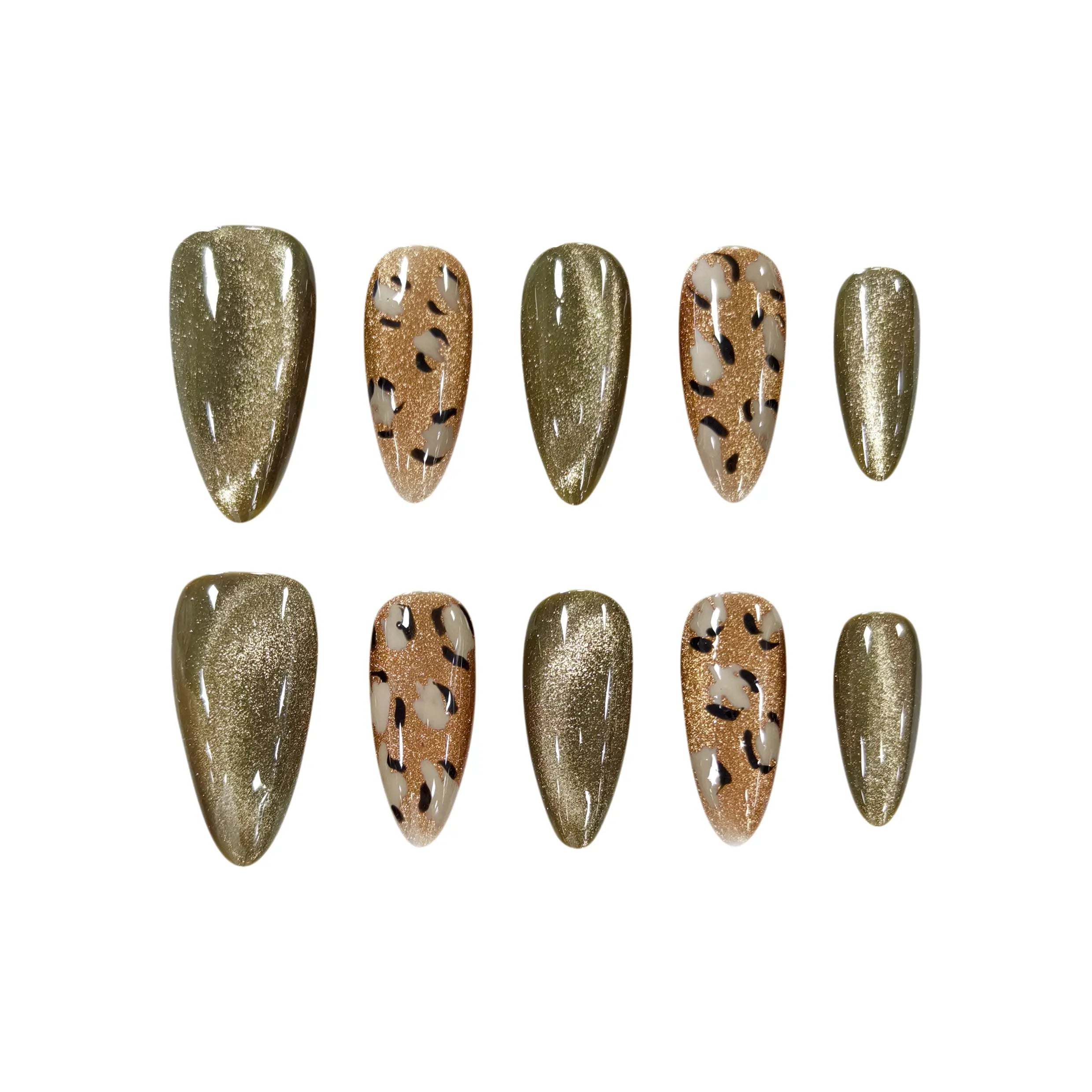 Long almond-shaped press-on nails with glitter olive chrome and gold leopard print, perfect for bold, confident summer looks