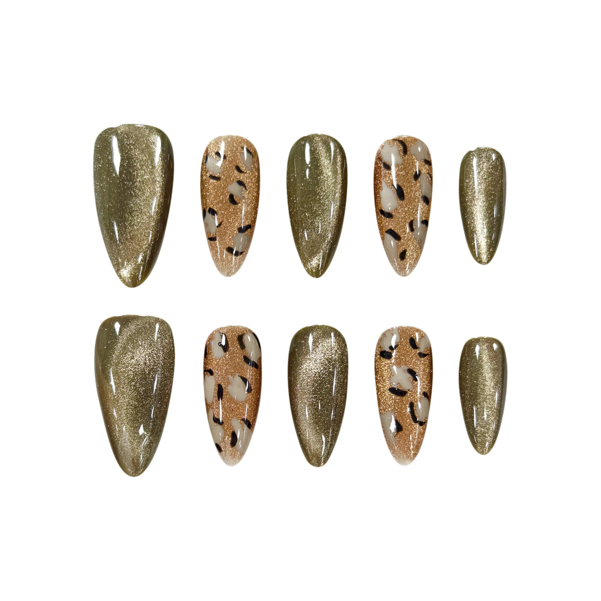 Long almond-shaped press-on nails with glitter olive chrome and gold leopard print, perfect for bold, confident summer looks