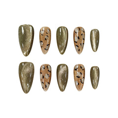 Long almond-shaped press-on nails with glitter olive chrome and gold leopard print, perfect for bold, confident summer looks