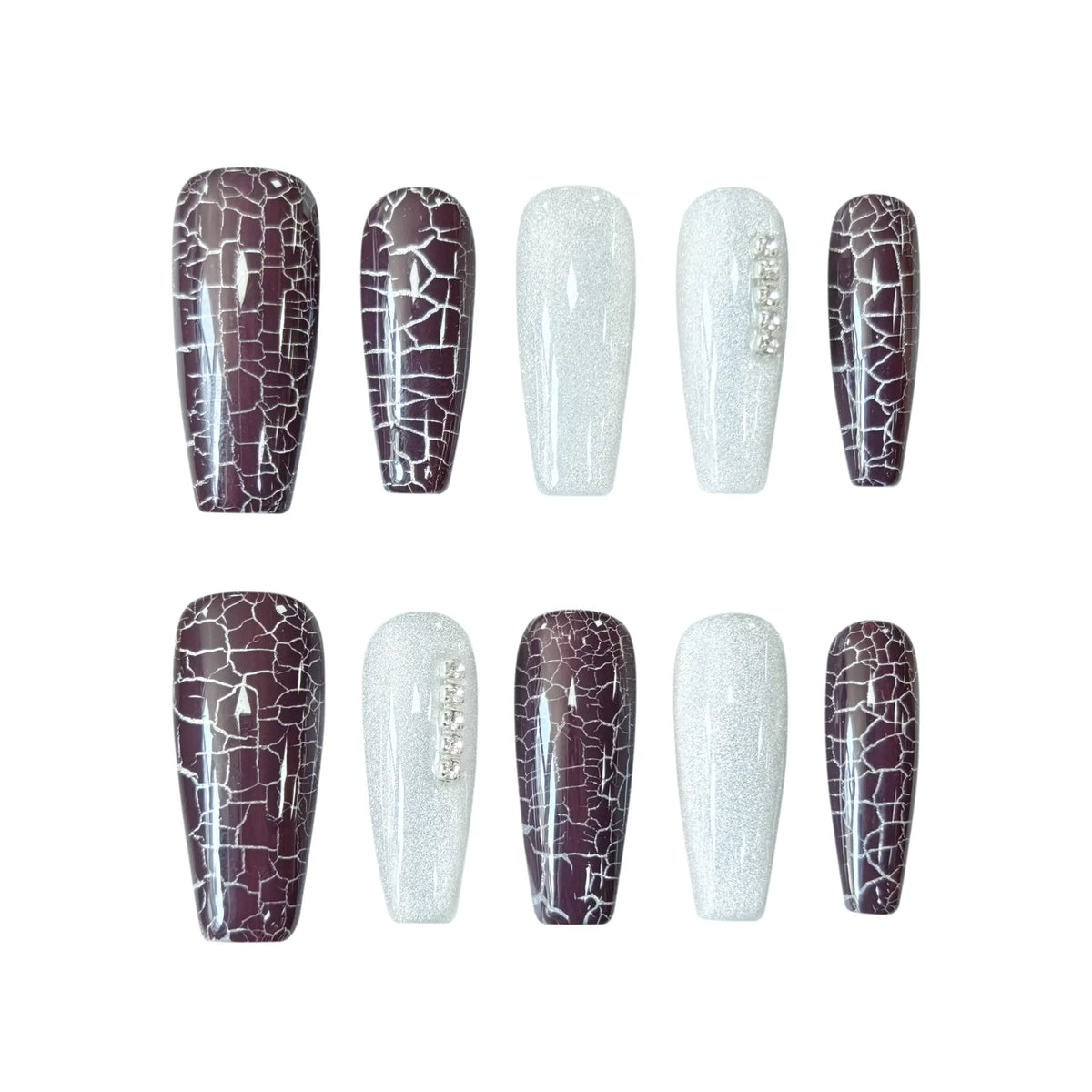 Long coffin press on nails with red and silver crackle design, bold winter nail look.
