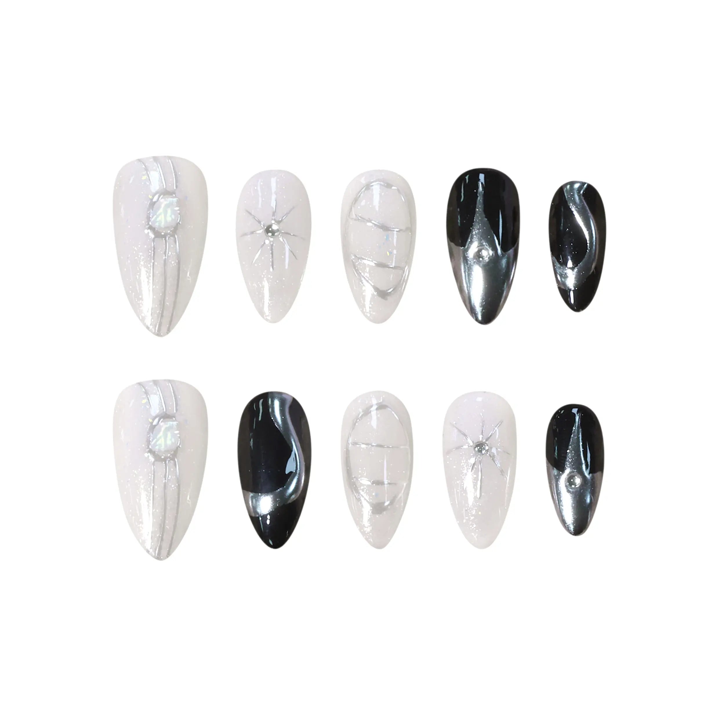 Almond press on nails in black, silver, and white with chrome accents and rhinestone detailing, inspired by lunar eclipse aesthetics.