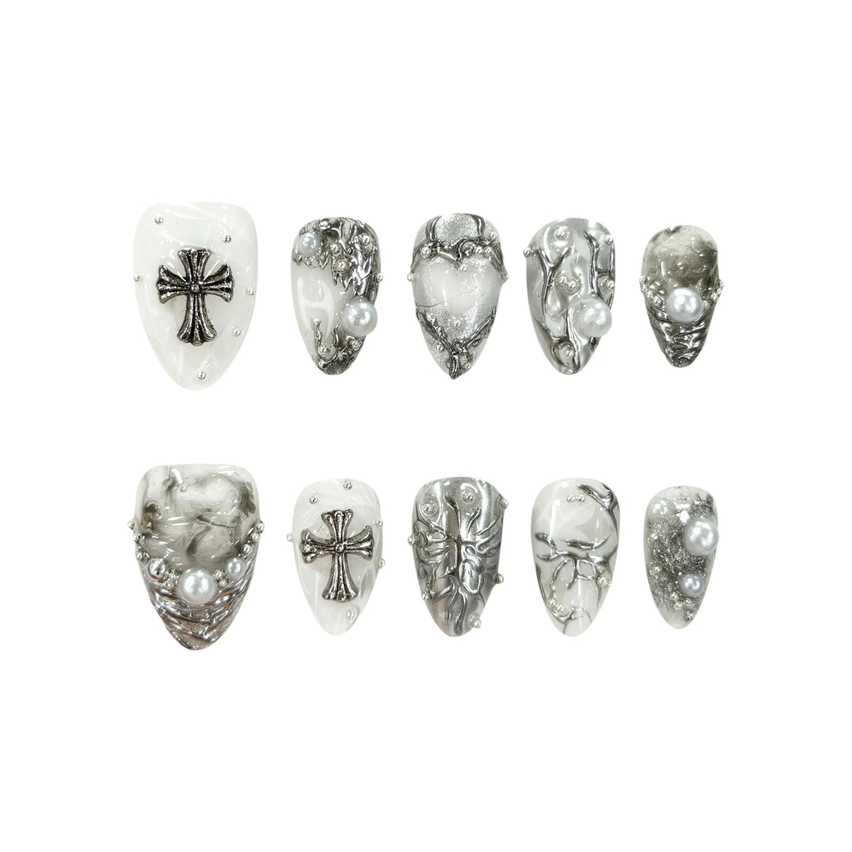Gothic-inspired short almond press-on nails featuring milky white and smoky marble base with silver crosses and pearl embellishments.