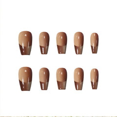 Medium-length coffin press on nails in caramel-to-mocha gradient, offering a minimalist earthy style with glossy finish, perfect for everyday elegance