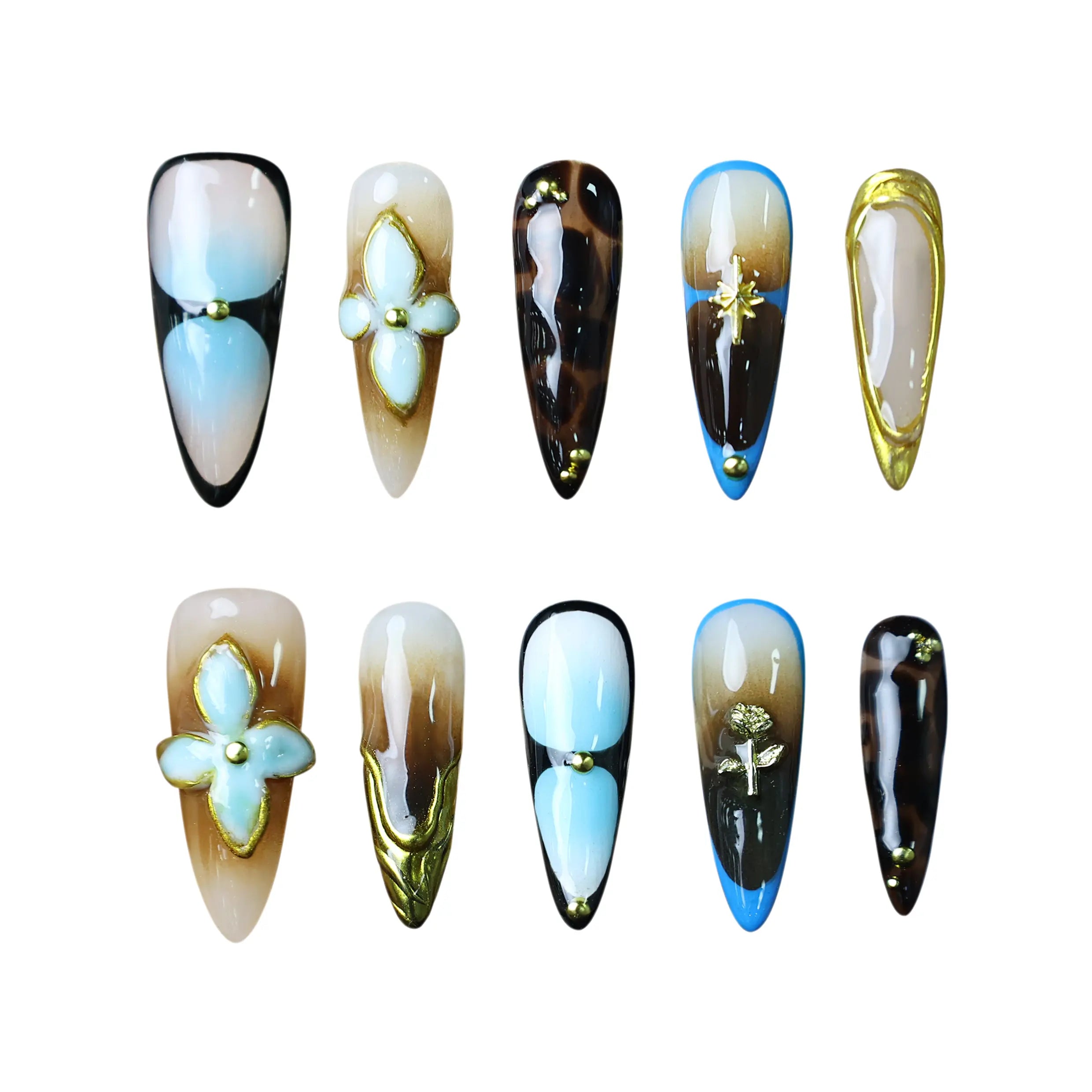 Stiletto-shaped black press on nails with gold-foiled petals and glowing turquoise accents.