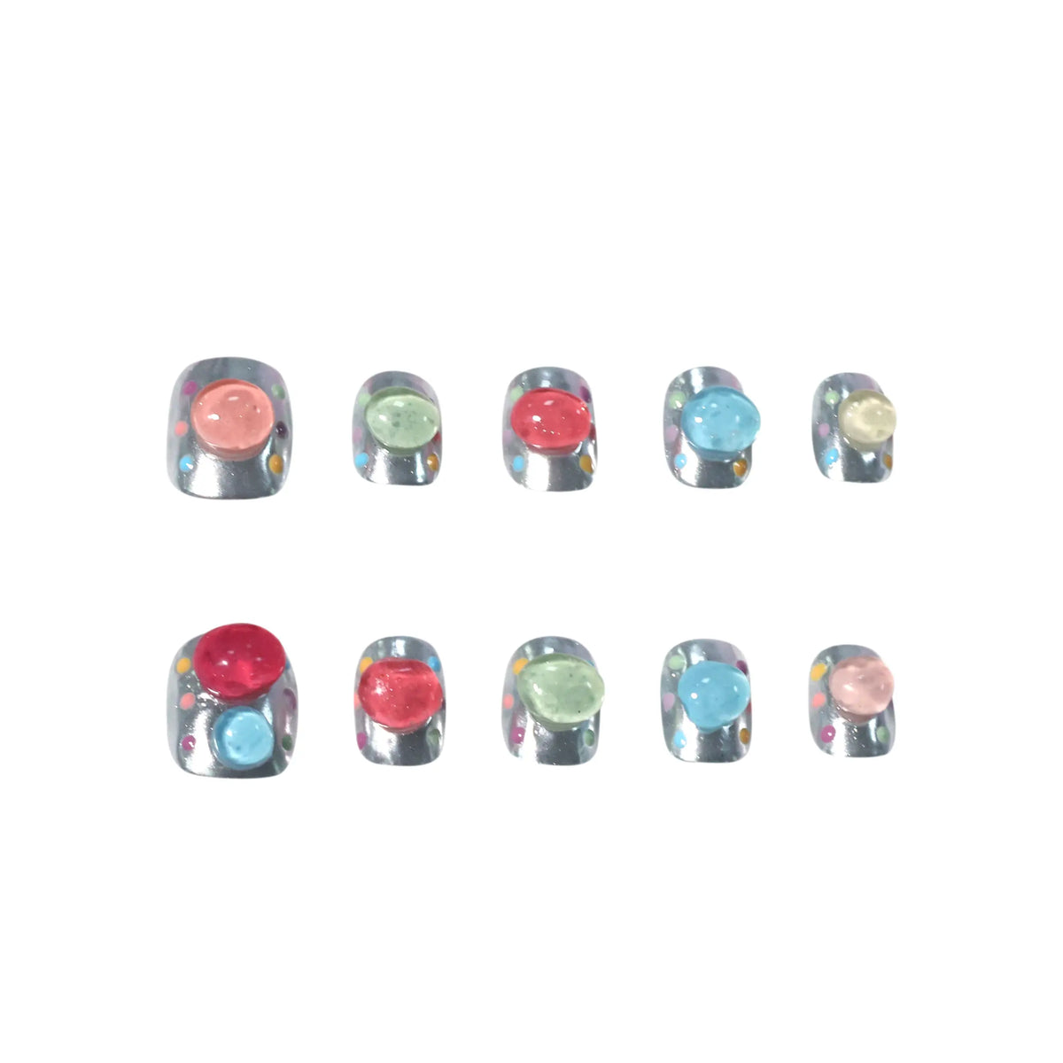 Short squoval press on nails with chrome silver base and 3D jelly bubbles in pastel pink, blue, and yellow for a playful summer look