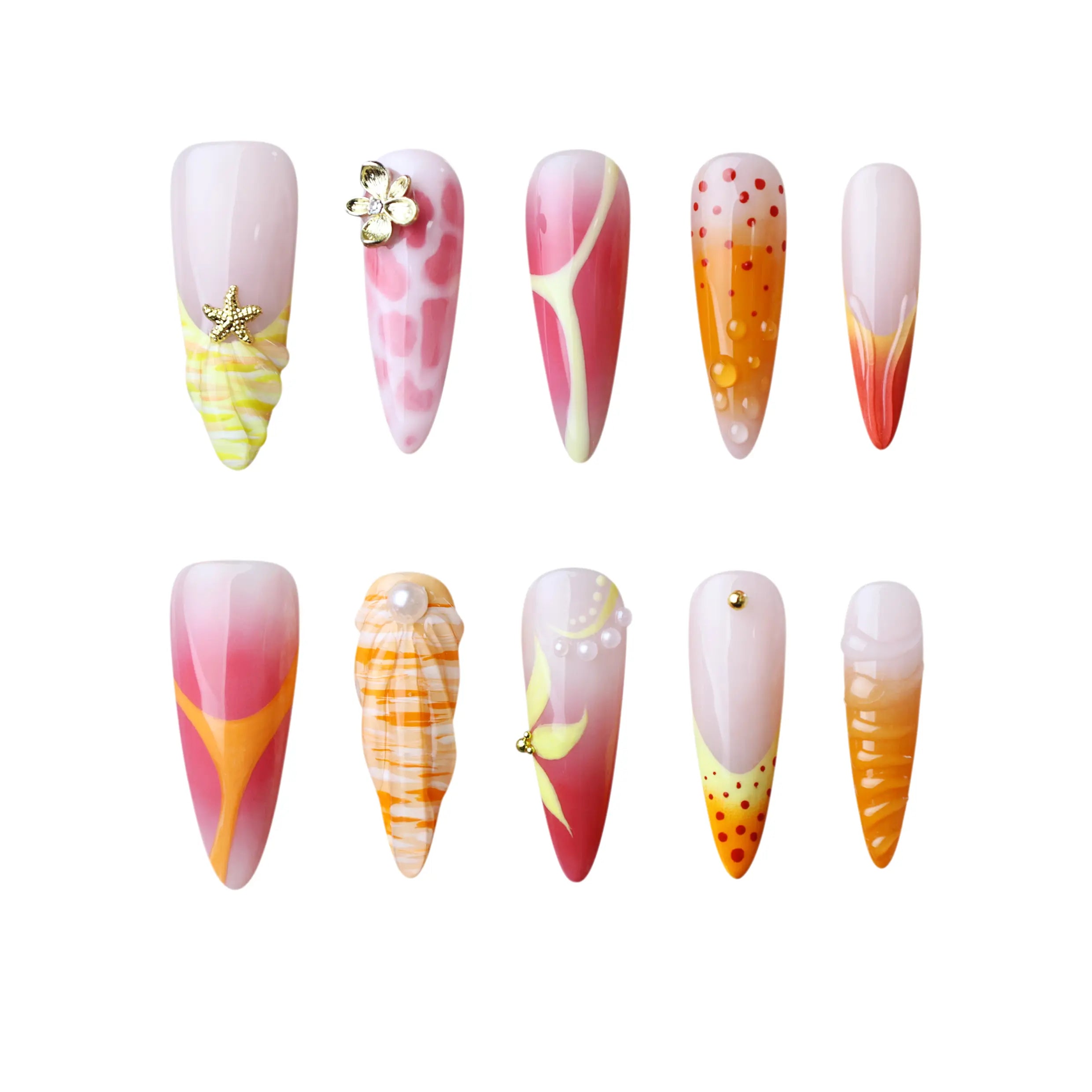 Long stiletto summer nails with ice cream and popsicle art in melon, orange, and peach tones.