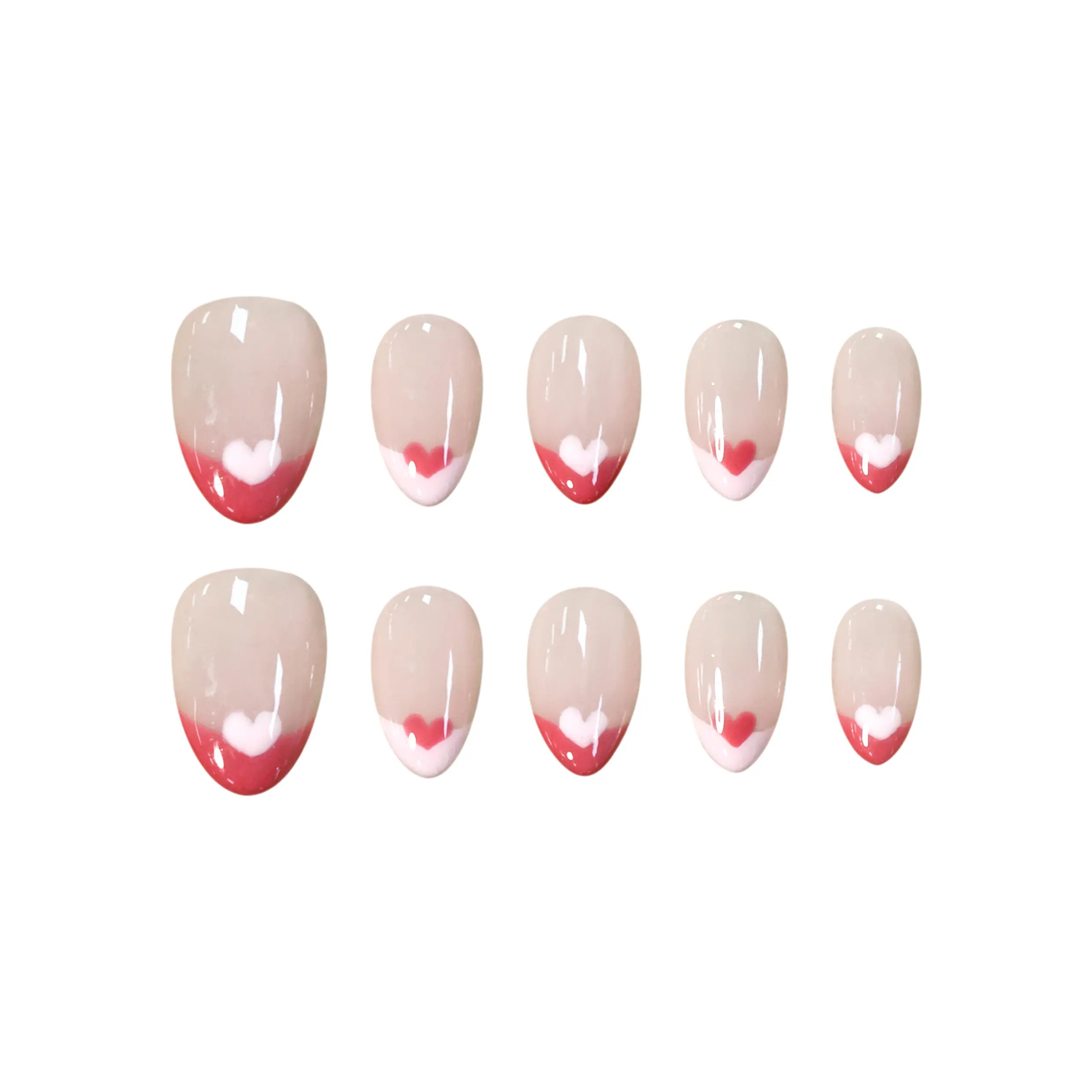 Short almond press-on nails with nude base, red French tips, and white heart accents for a romantic manicure.