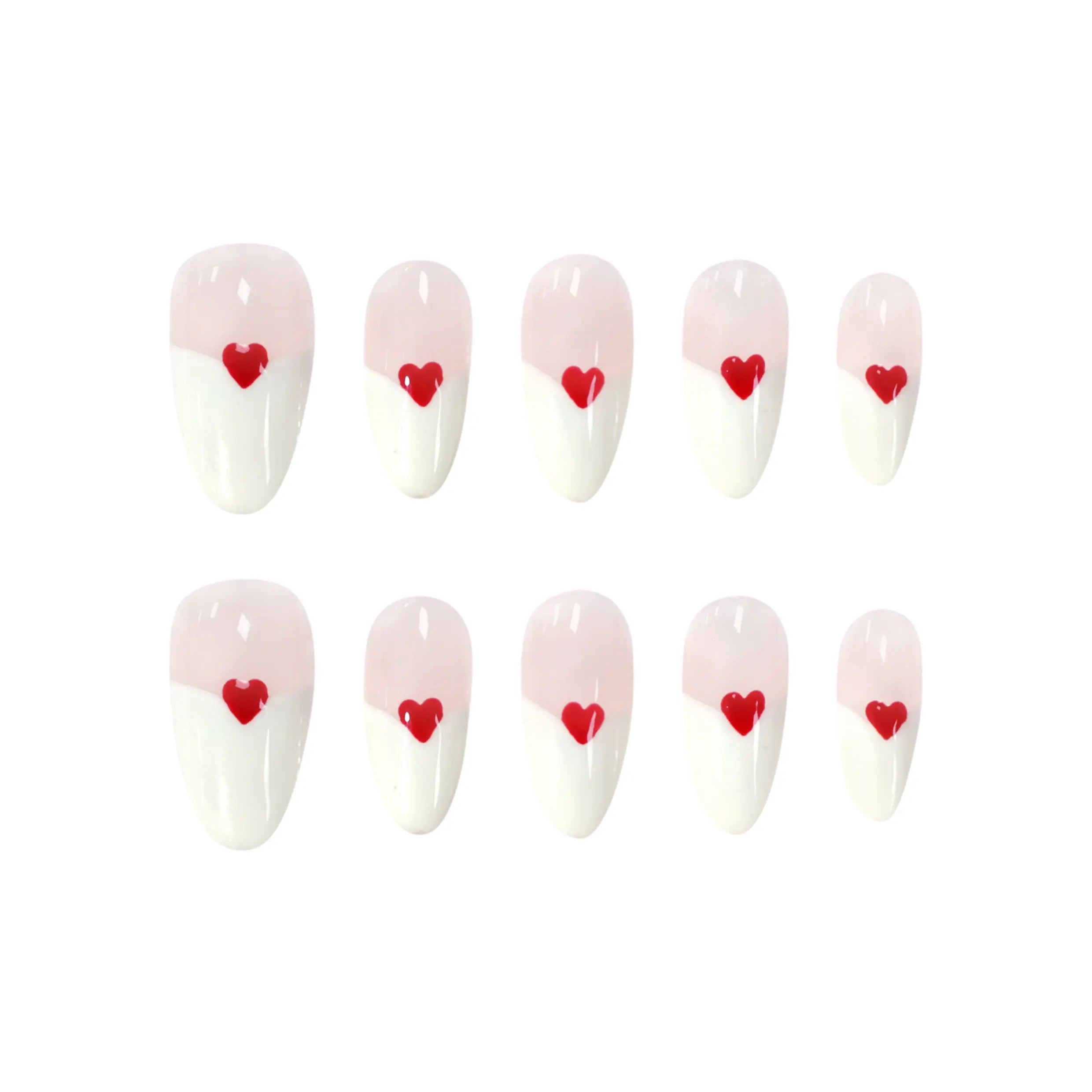 Pink almond press-on nails with red heart accents and a diagonal pink-and-white base for a romantic, feminine look.