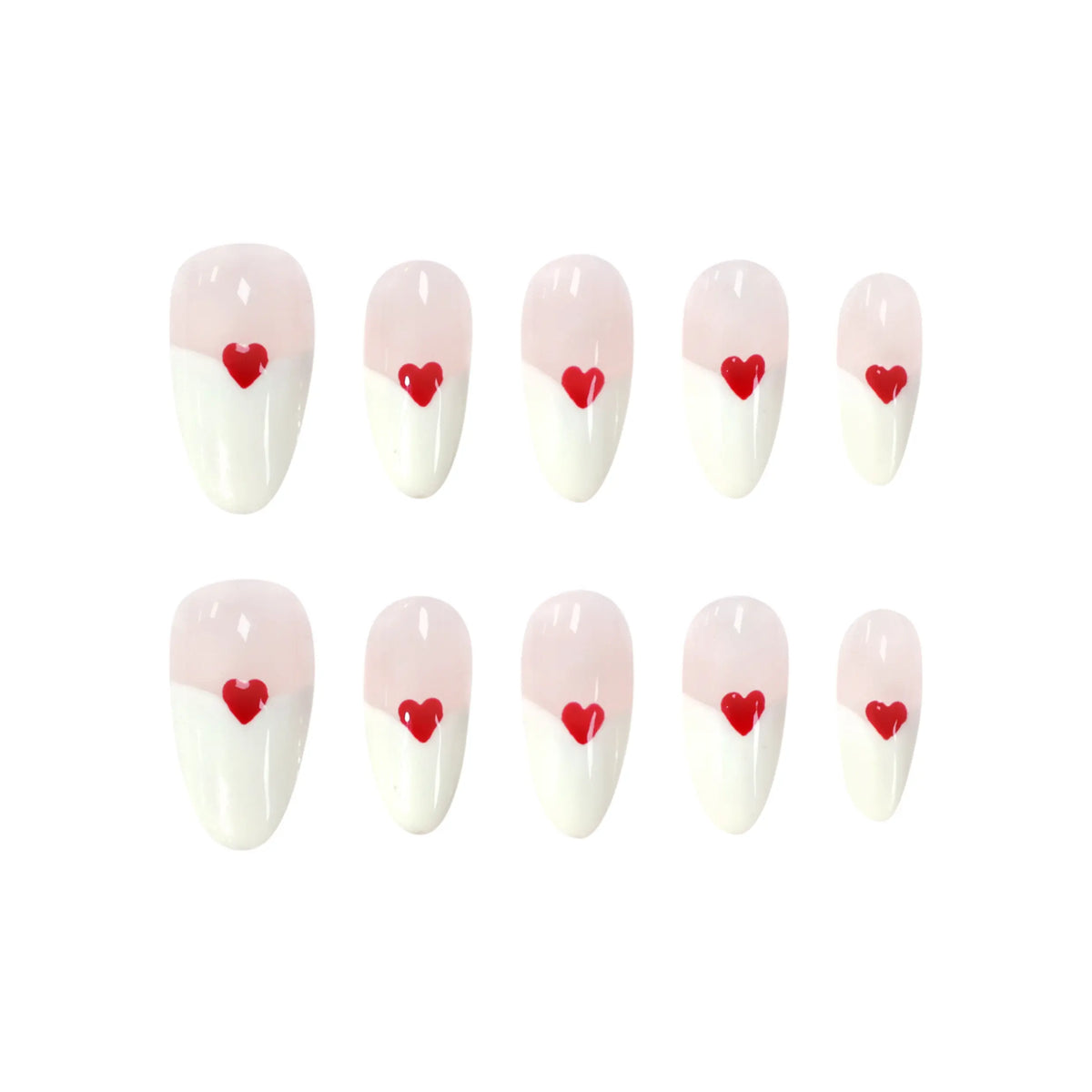 Pink almond press-on nails with red heart accents and a diagonal pink-and-white base for a romantic, feminine look.