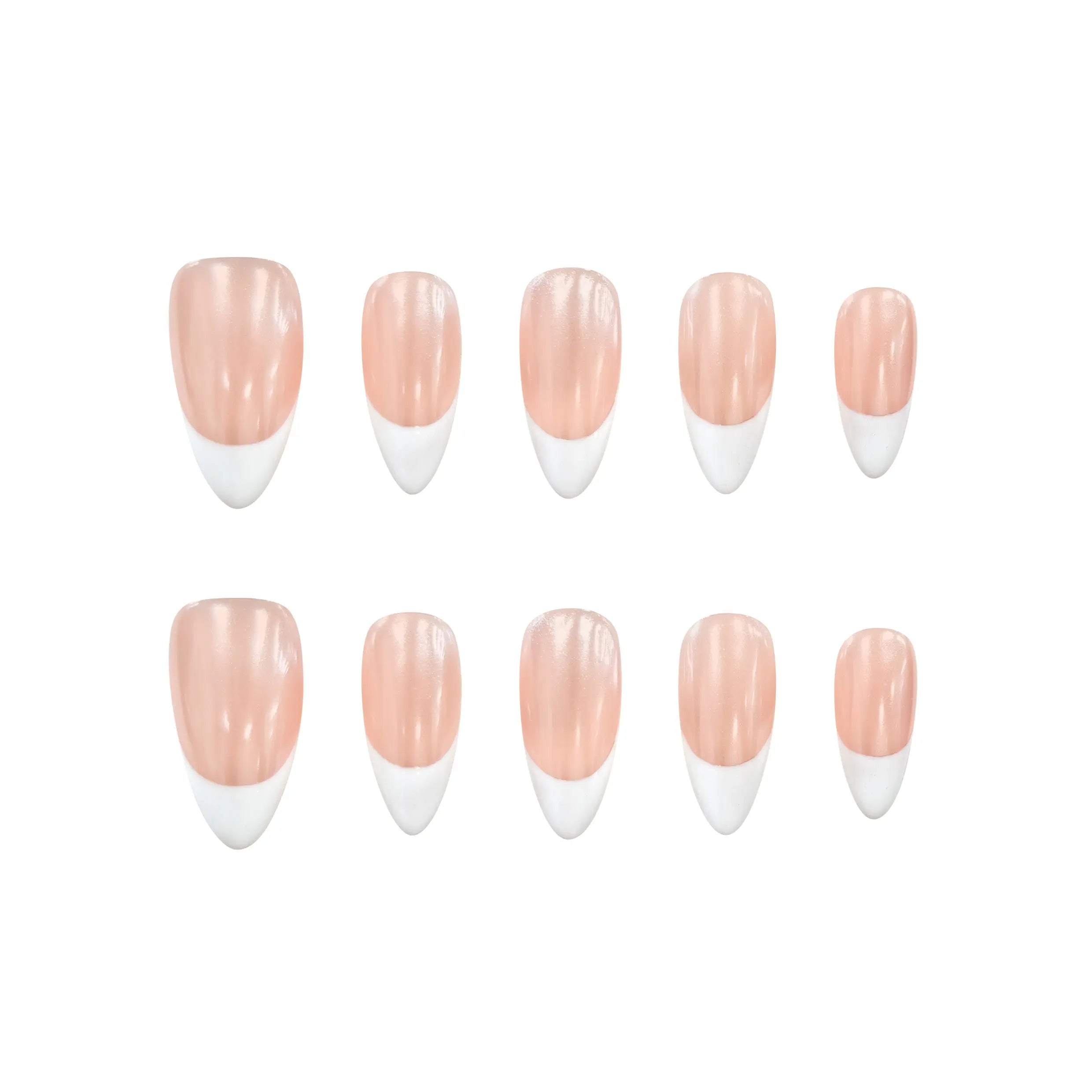 Elegant nude and white French tip press-on nails by Polippie, featuring a classic, long-lasting design ideal for daily or formal wear.