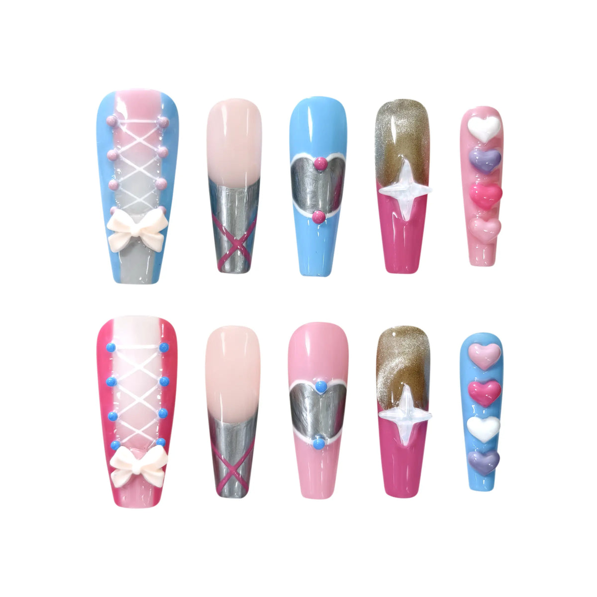 Polippie Twirling Hearts long coffin press on nails with corset lace, chrome hearts, and pastel 3D charms—perfect pink nails for coquette-core looks