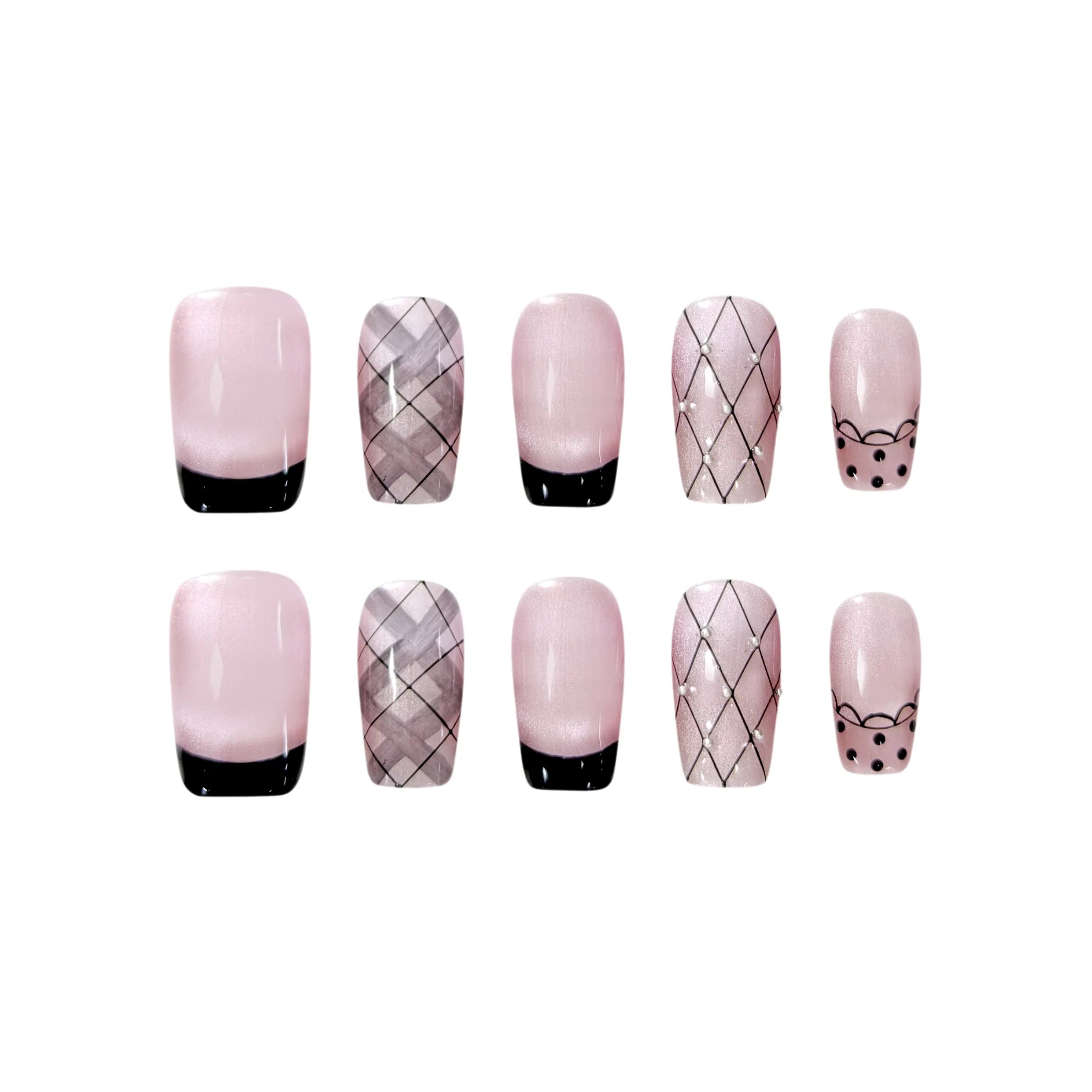 French tip press on nails in blush and black with grid design and bear accent, medium squoval shape.