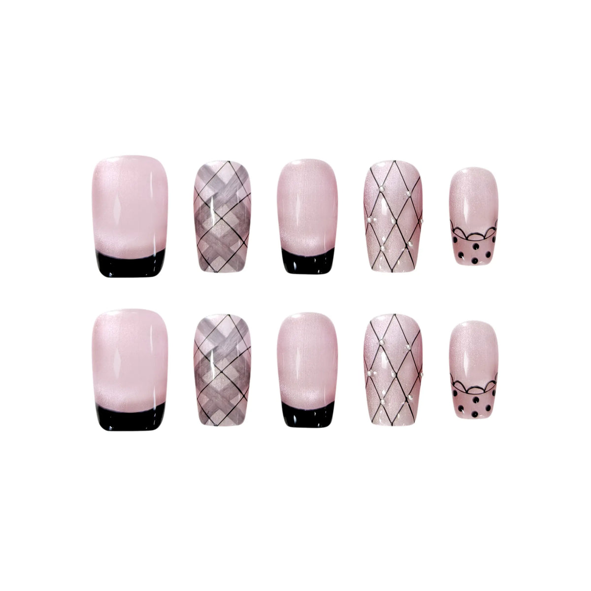 French tip press on nails in blush and black with grid design and bear accent, medium squoval shape.