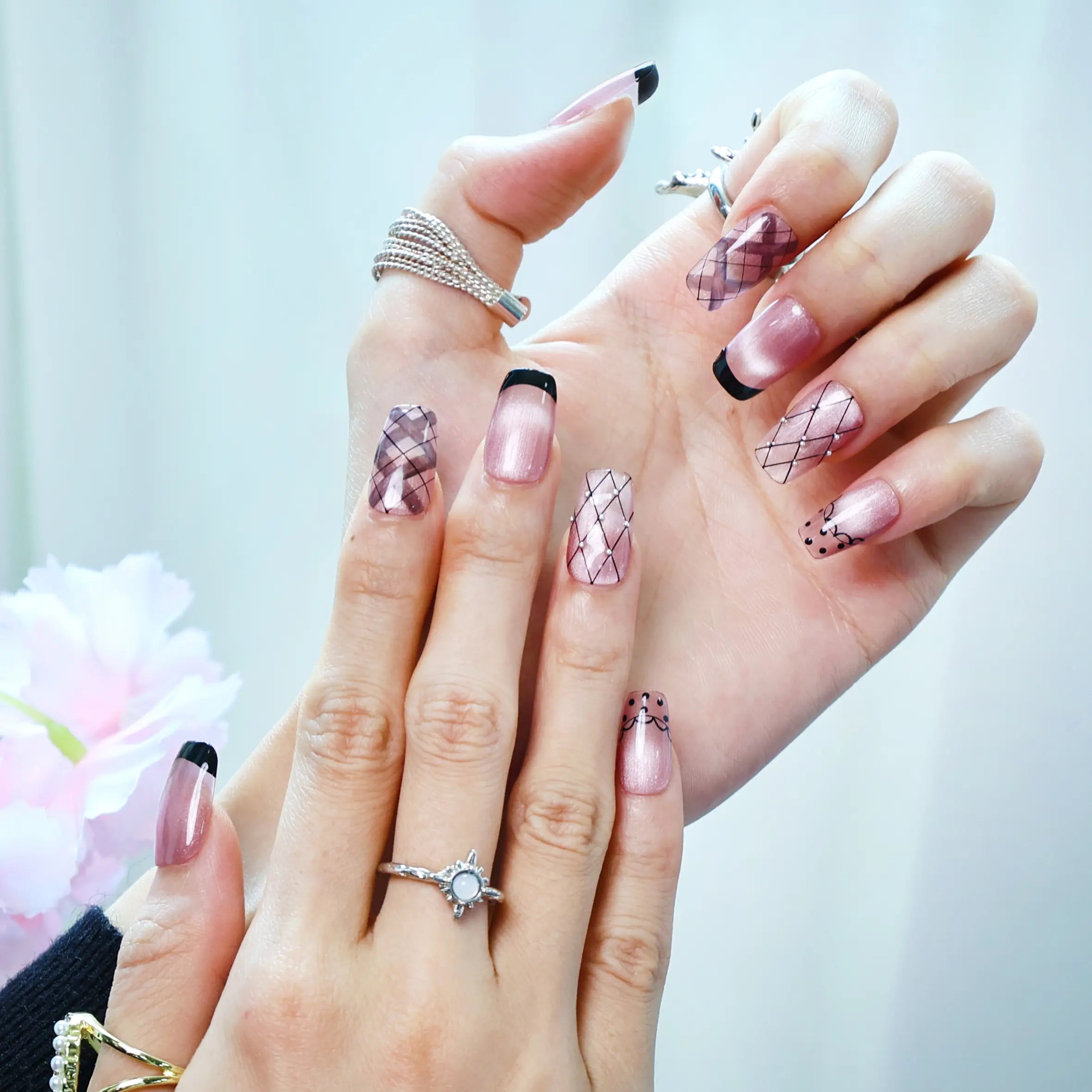 Medium velvet veil press-on nails in neutral pink tones