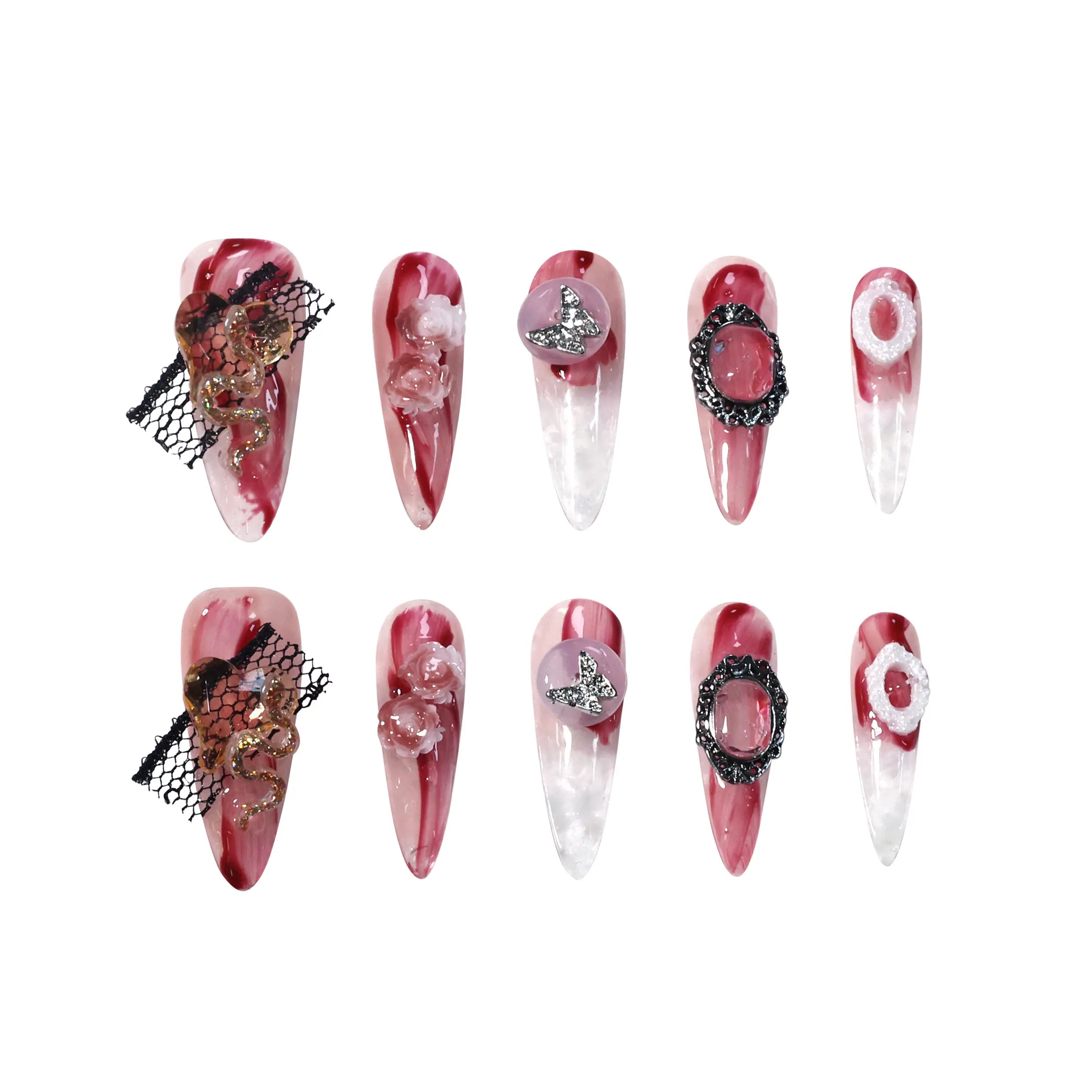 Polippie Venomous Rose long stiletto press-on nails in wine red and ivory marble, with 3D roses, silver snake charms, and lace accents for a gothic finish