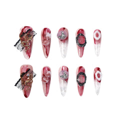 Polippie Venomous Rose long stiletto press-on nails in wine red and ivory marble, with 3D roses, silver snake charms, and lace accents for a gothic finish