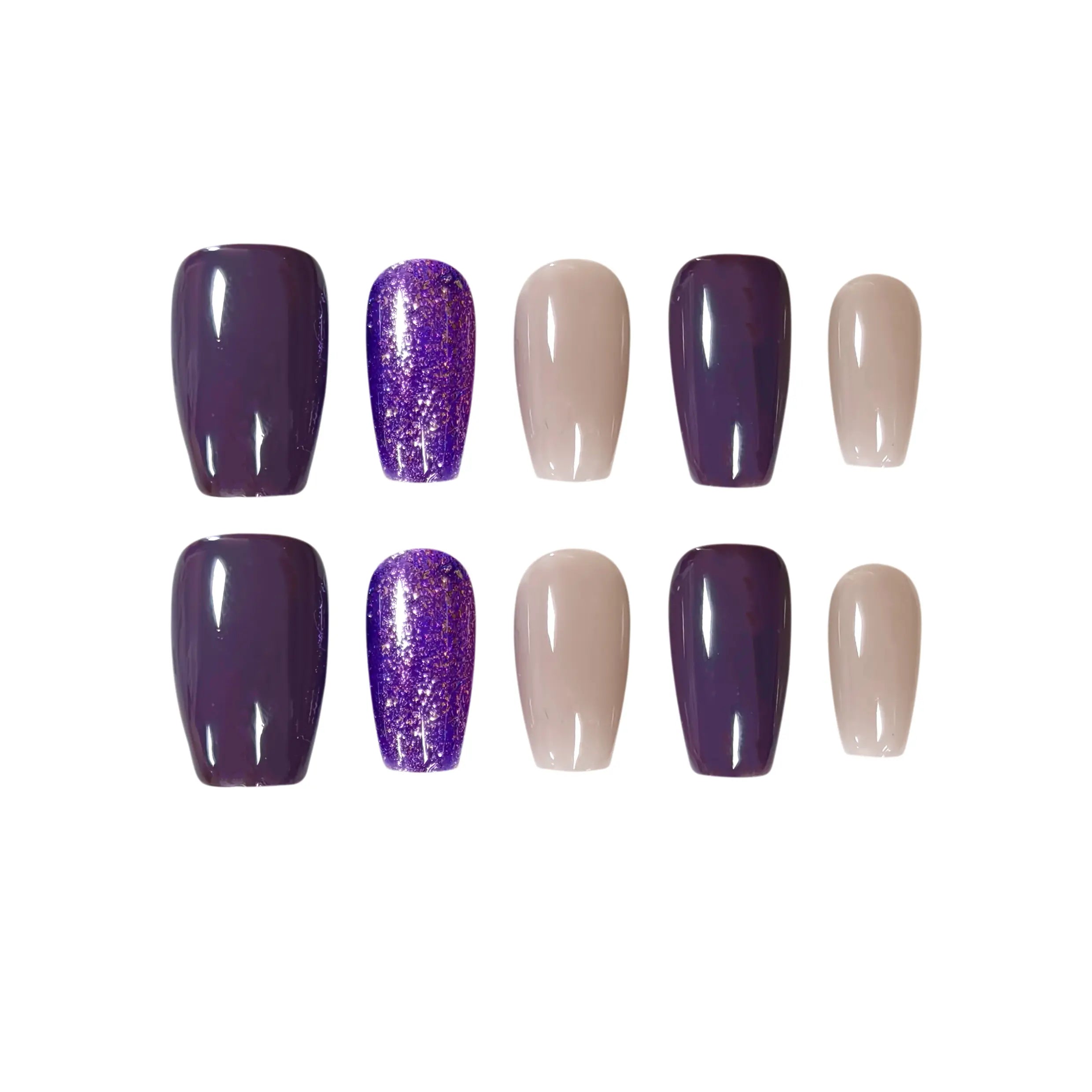 Handmade medium squoval press on nails in violet, lavender glitter, and nude tones for a soft glam summer manicure