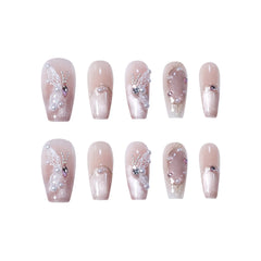Polippie Whispered Wings long pink press on nails with 3D butterfly wings, glitter, and rhinestone accents—perfect for summer elegance and weddings